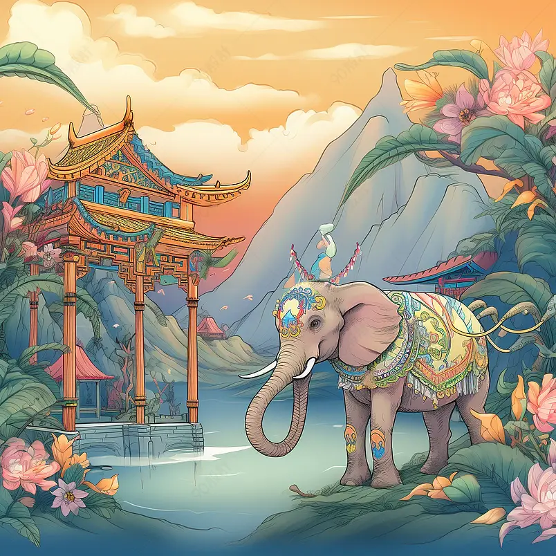 国潮风云南风景大象插画素材