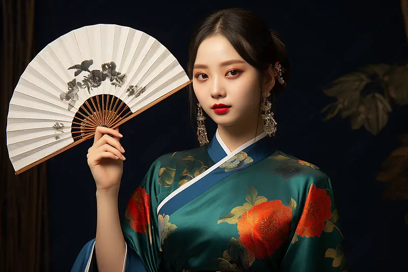 国潮旗袍美女拿着扇子