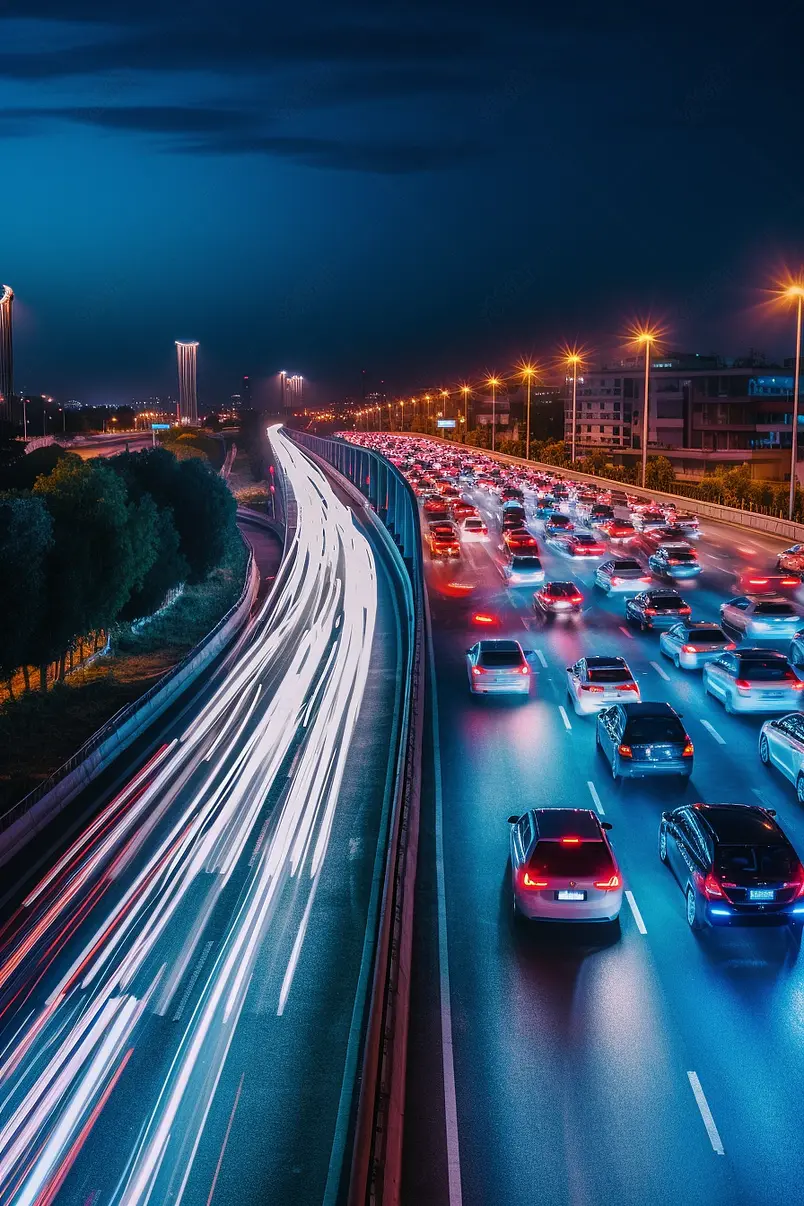 实拍蓝色公路车流夜景延时摄影背景
