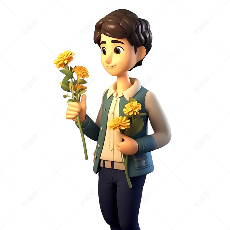 3D手拿孩子赠送的鲜花花束