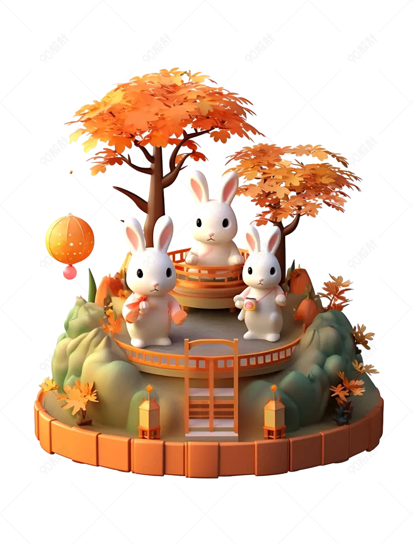 黄色树下的三只兔子中秋团圆节灯笼c4d装饰元素