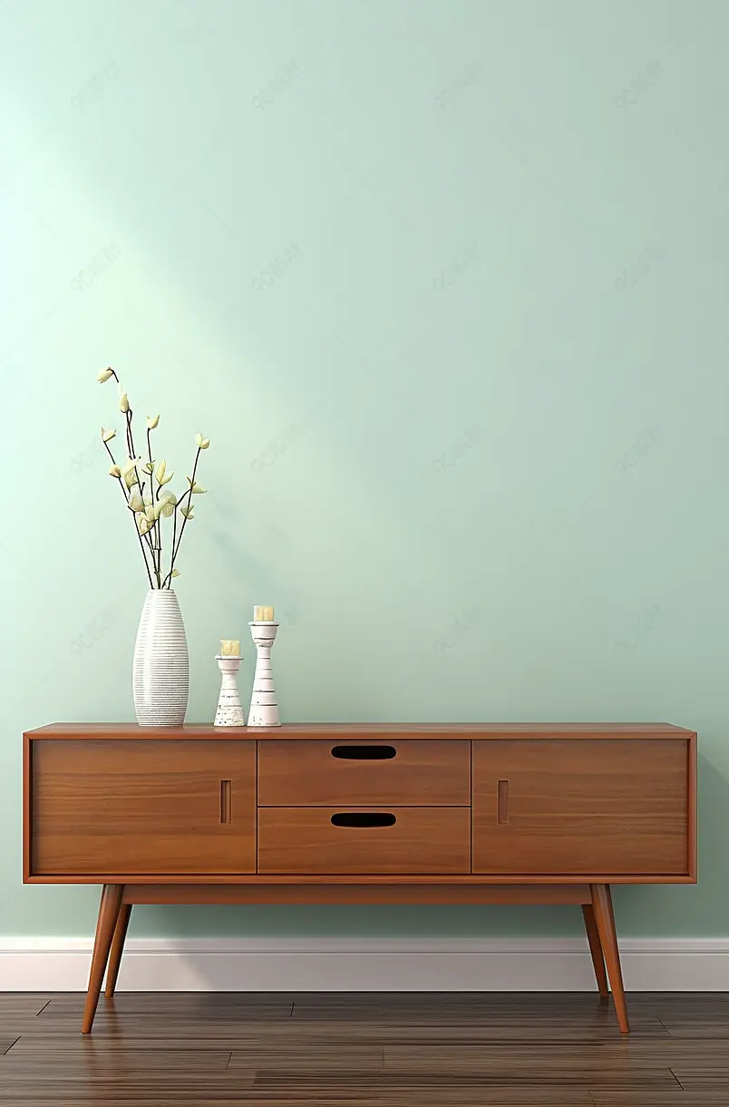 空墙背景与控制台桌子和装饰权利