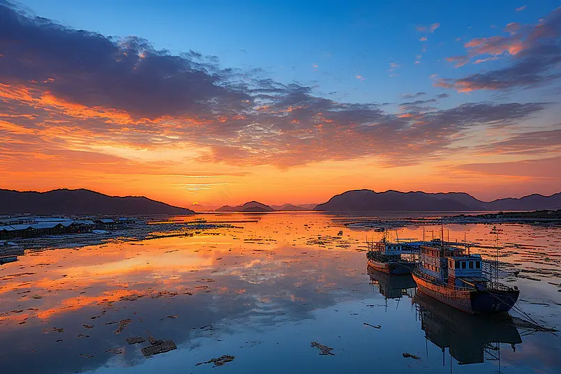 晚霞唯美壮阔夕阳下的海上渔村