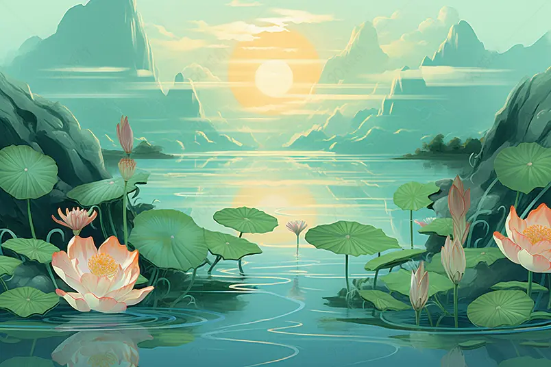 国潮风夏天夏季山水荷花插画海报背景