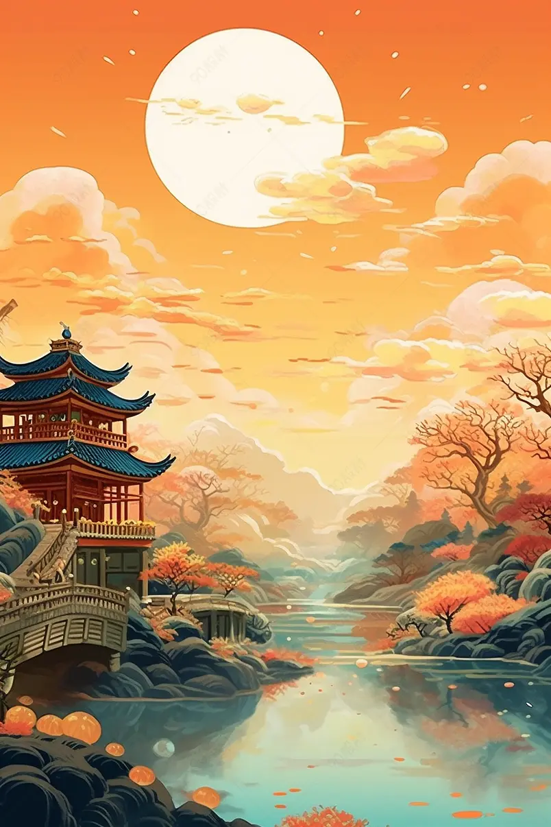 古建筑国潮风山峰插画背景图