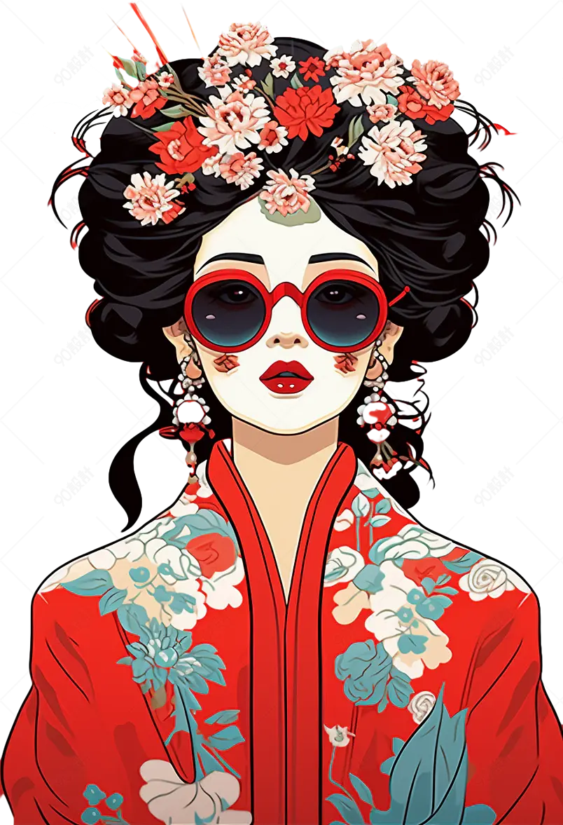 中国风国潮戏曲花旦戴墨镜插画