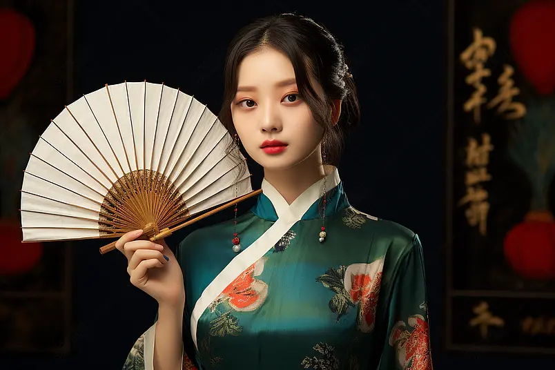 国潮旗袍美女拿着扇子