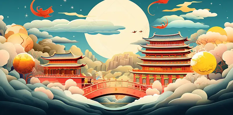 色彩艳丽大气中秋国庆国潮风背景