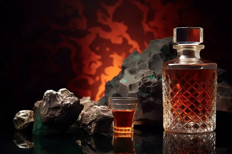 玻璃和威士忌酒瓶在黑色反光背景上背景中有石头和一棵死