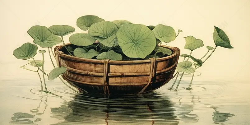 黄绿复古色调荷叶水塘插画