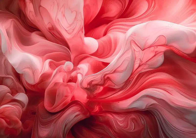 抽象的3d背景的3d渲染与部分超现实的异形花在曲线波浪优雅的有机生物线条形成在哑光透明塑料材料在白色和浅红色梯度颜色