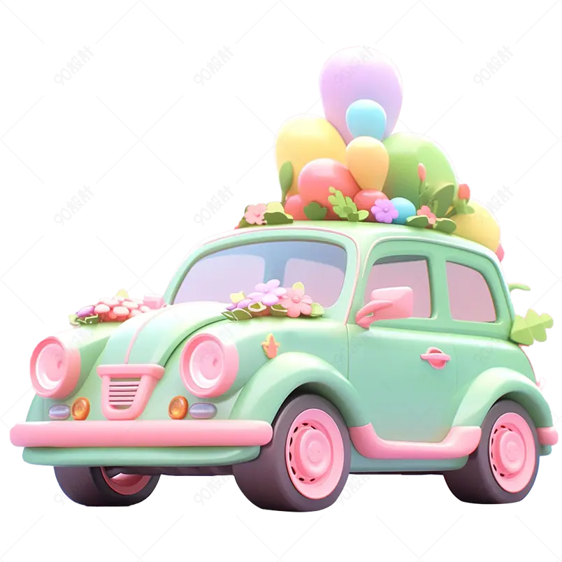 装饰满气球的绿色可爱卡通创意校车小汽车3D渲染立体免抠素材图