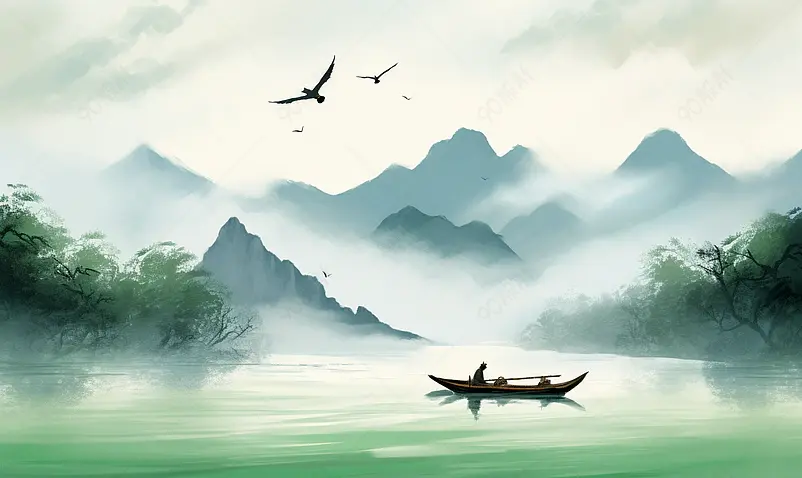 清明春景山水画绿色主题
