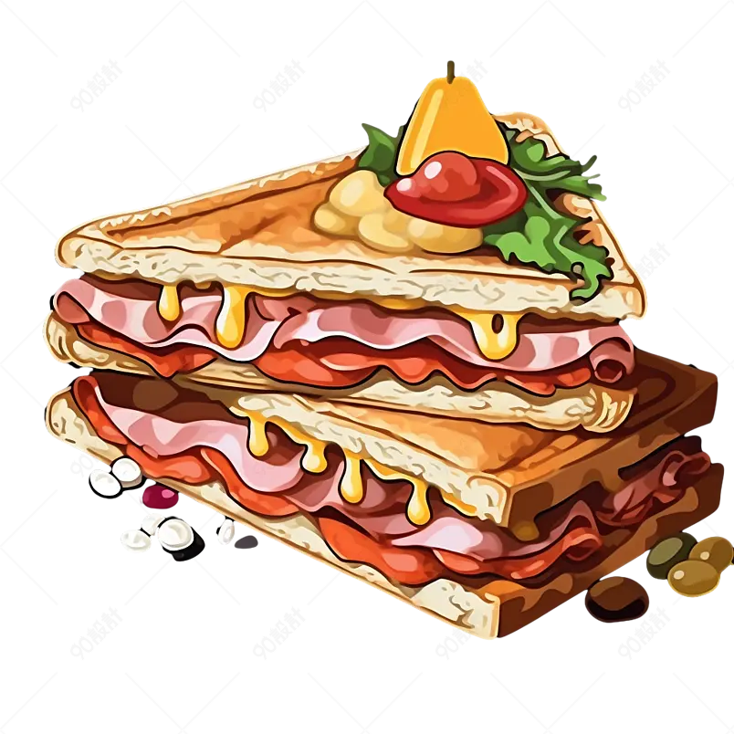 黄色三明治火腿培根夹心面包实物免抠元素