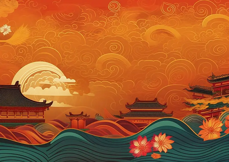 绿水水浪浪花简约开花故宫宫殿国潮中国风祥云天空浪漫背景