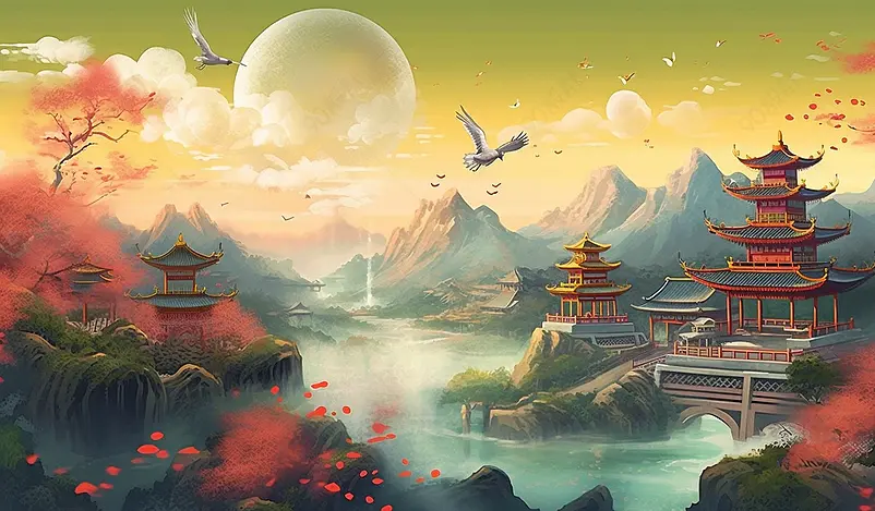 国潮中国风唯美清新高山流水古典古代建筑楼阁