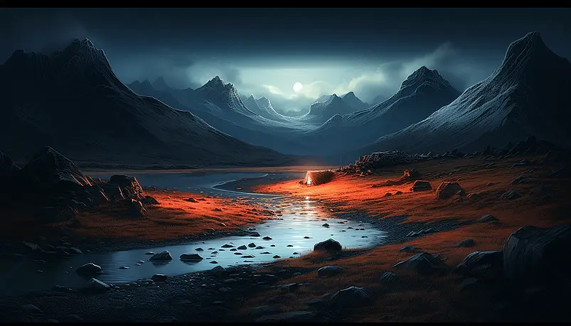 夜晚星空下山峰岩石湖面自然风景背景摄影图