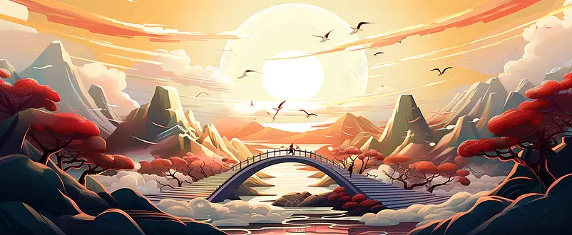 唯美新国潮古风山水建筑主kv插画