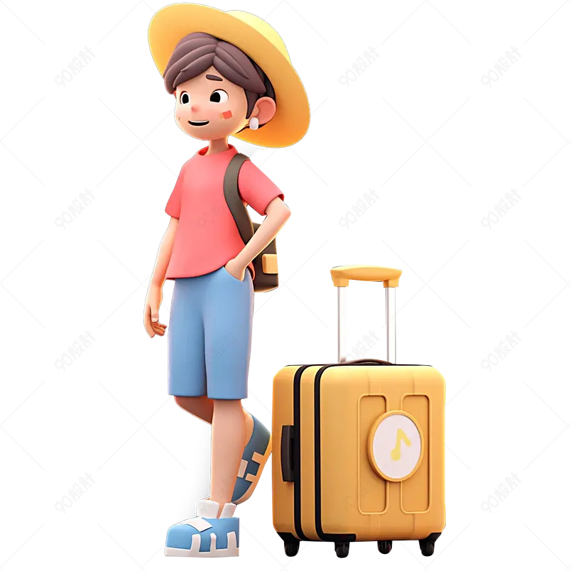带着黄色行李箱背着小书包外出旅游的帅气男孩3D渲染立体免抠素材图