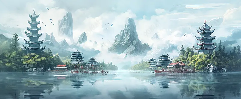 高山流水国潮风山水建筑意境插画