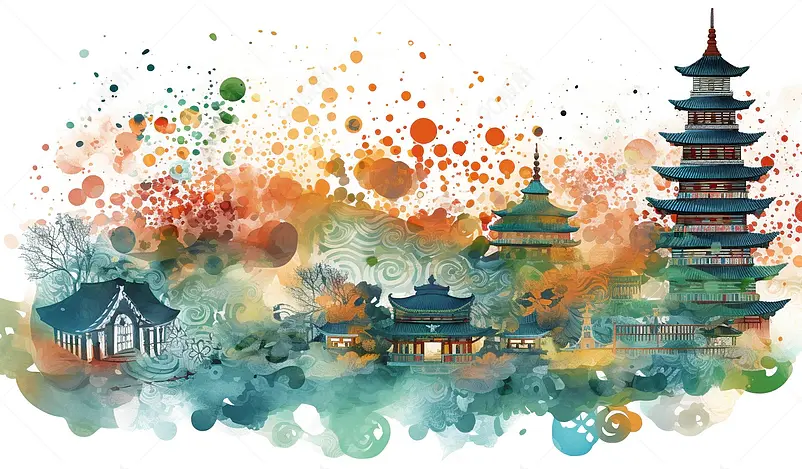 白色背景水墨画彩笔画中华文化历史文化建筑殿堂阁楼祥云中国风国潮风古典复古插画
