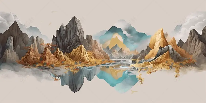 手绘中国风意境水墨山水风景画