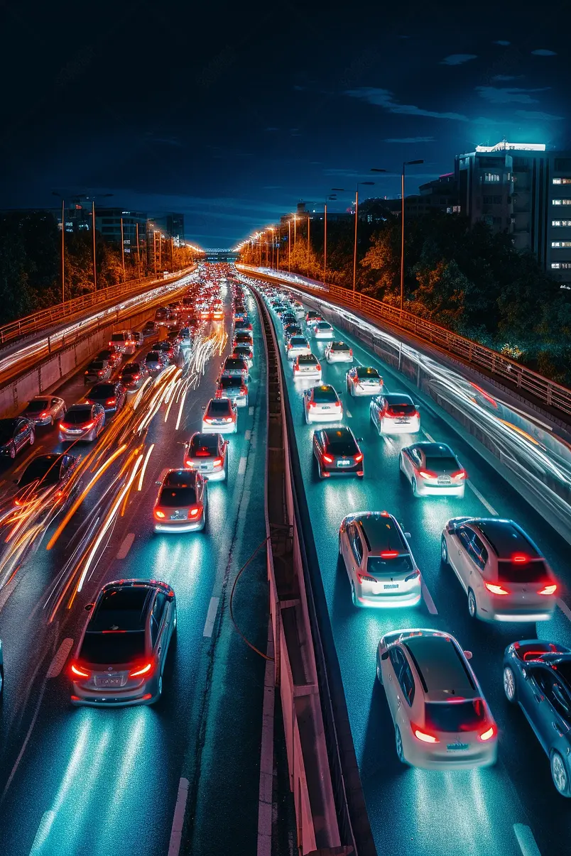 城市多车流夜塞车青色灯光夜景照片摄影作品