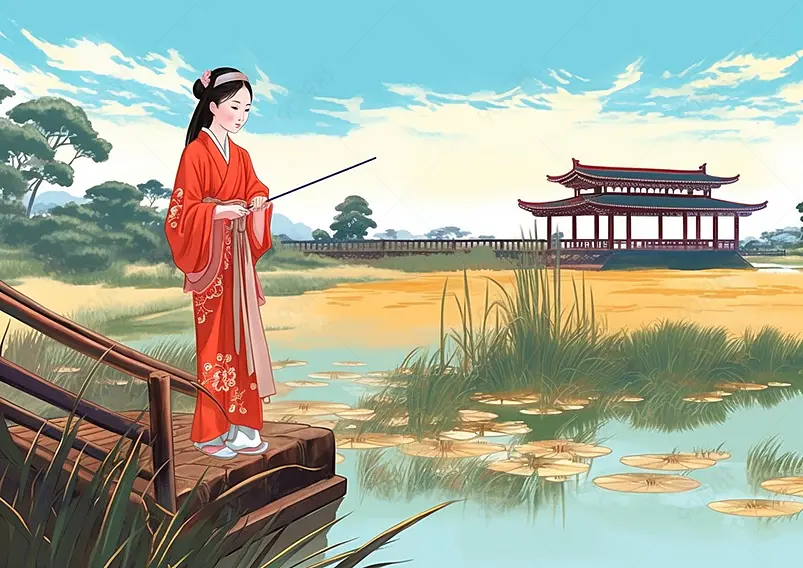中国国潮国风中式古风汉服少女水边插画