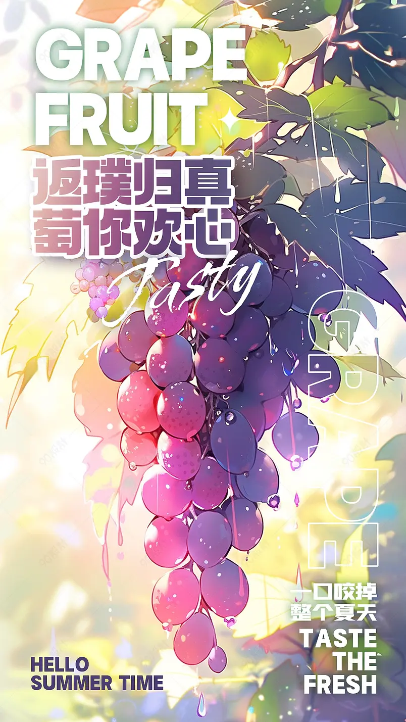 卡通手绘插画葡萄水果美食宣传海报