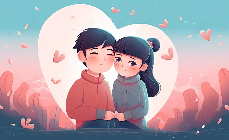 卡通风多彩浪漫情侣爱心手绘插画甜蜜合影