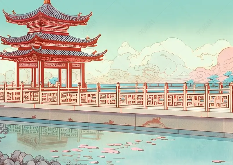 侧面国风亭子国潮桥水面平静倒影栏杆蓝色天空背景