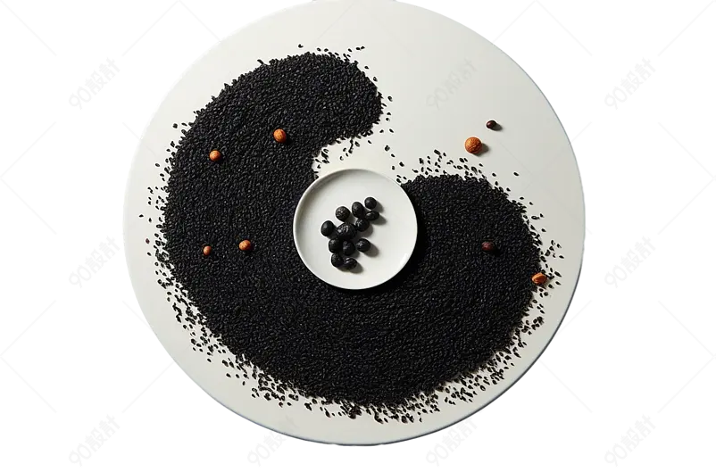 黑色黑芝麻丸子摆放在盘子上实物免抠元素