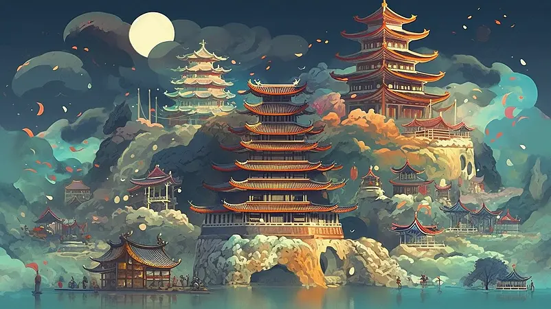 中国传统建筑国潮建筑插画背景