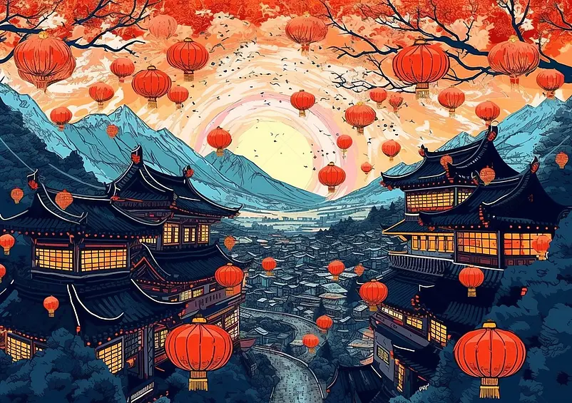 国潮风古建筑祥云大红灯笼背景插画图