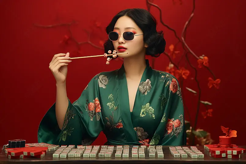 国潮美女手举麻将