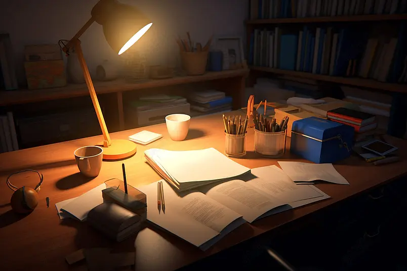 台灯下的初中生学习桌图片