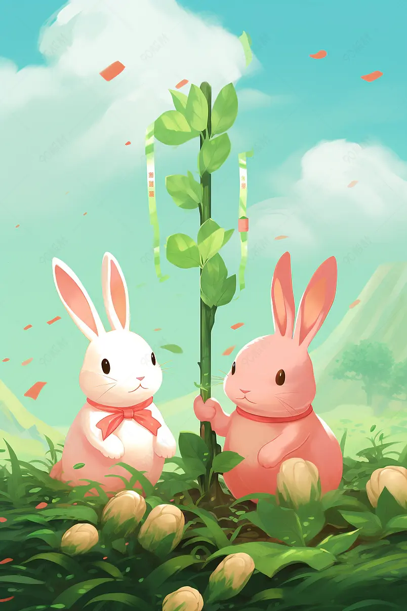 节气植树节兔子海报手绘插画