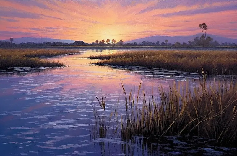 紫色黄色风景画落日余晖湿地水草倒影植物油画家居装饰蓝色云彩倒影波光粼粼