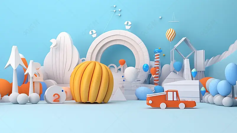 C4D场景南瓜汽车创意空间建模3D雪白场景建筑蓝色系