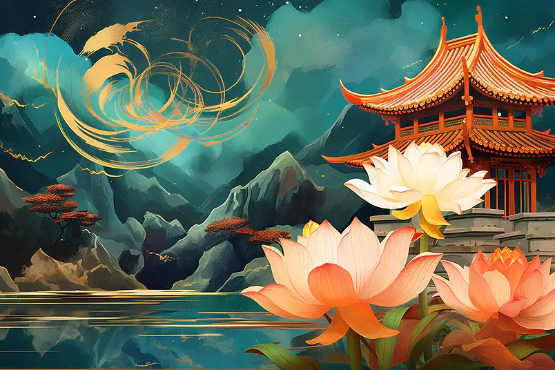 中国风国潮山水建筑凉亭荷花插画