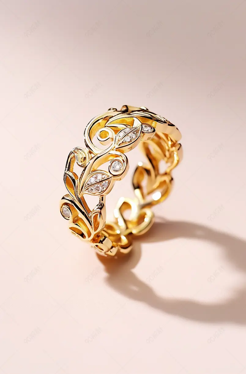 花卉设计的黄金戒指与钻石在粉红色的背景与树叶形状的影子