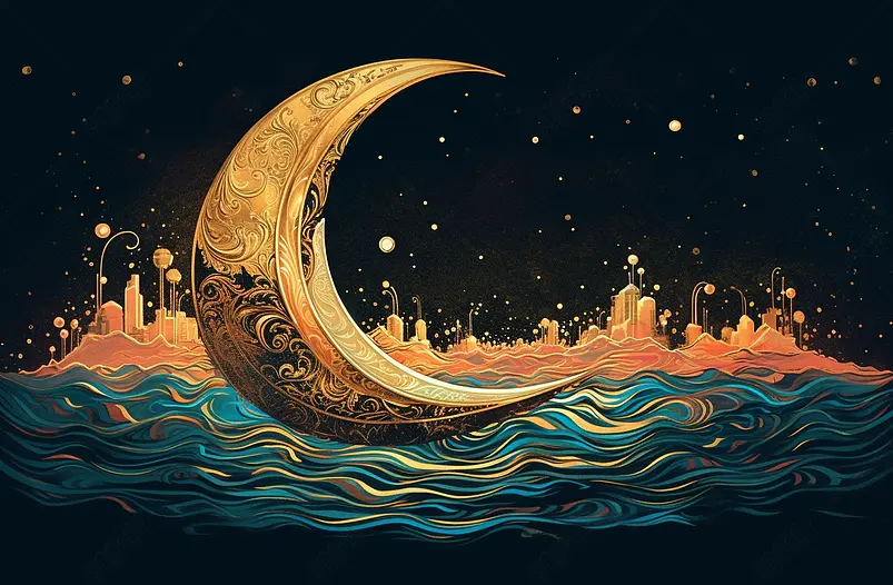 夜晚的月亮弯月倒映在水面波光粼粼远处星空下城市背景烫金效果插画