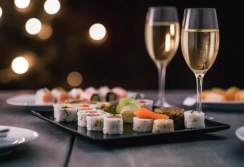 自助米饭酒杯西餐膳食香槟寿司