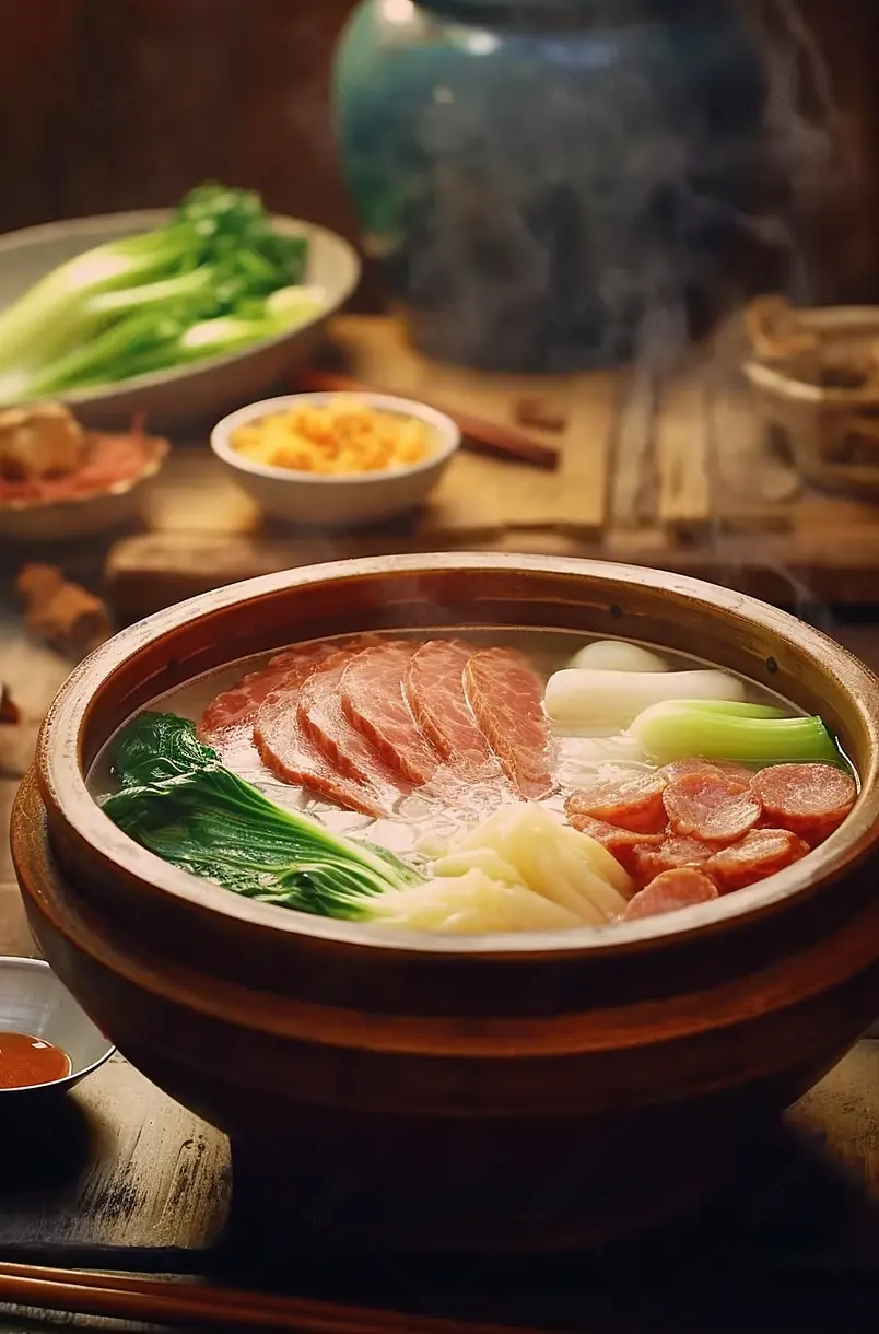 一锅腊味腊肉青菜培根肉卷煲仔饭摆放在餐桌上餐饮美味图像摄影