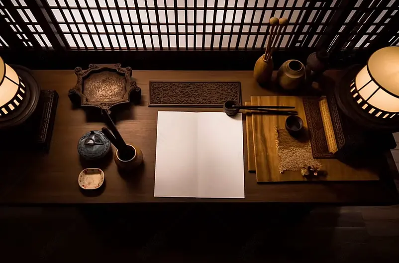 深棕色古风书桌桌面笔纸油墨场景俯视摄影