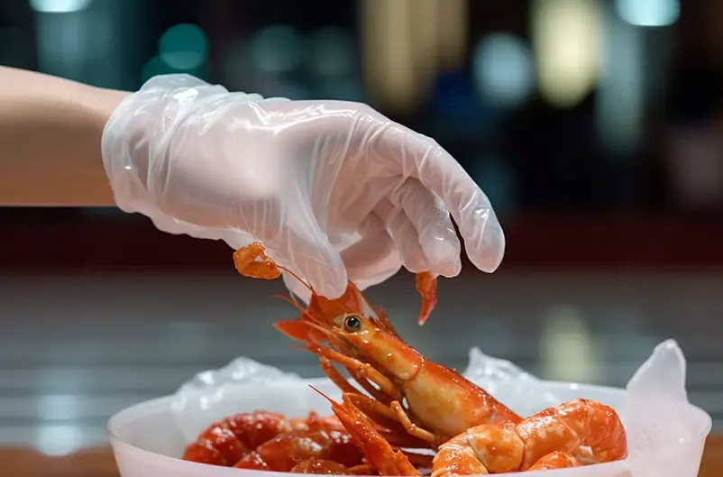 一个戴手套的手拿小龙虾鲜虾海鲜宵夜熟食实拍图