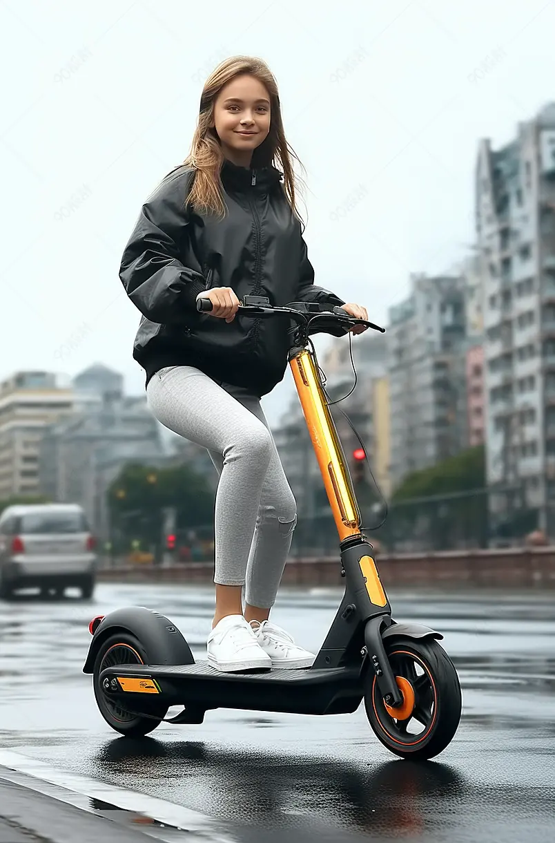 美丽的少女在公园里骑电动滑板车