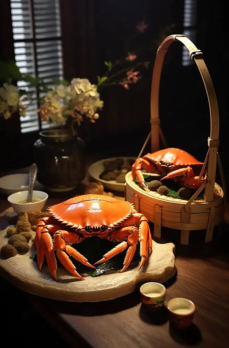 中华美食中秋大闸蟹和菊花静物