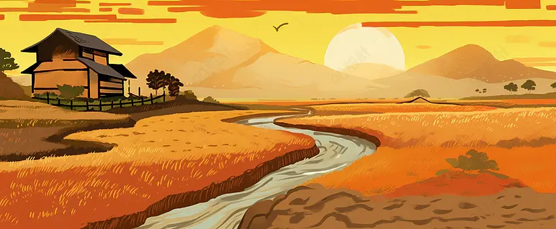 二十四节气芒种丰收秋季小麦田手绘风插画Banner