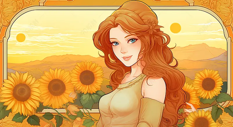 女神节妇女节少女向日葵花卉卡牌海报横版插画